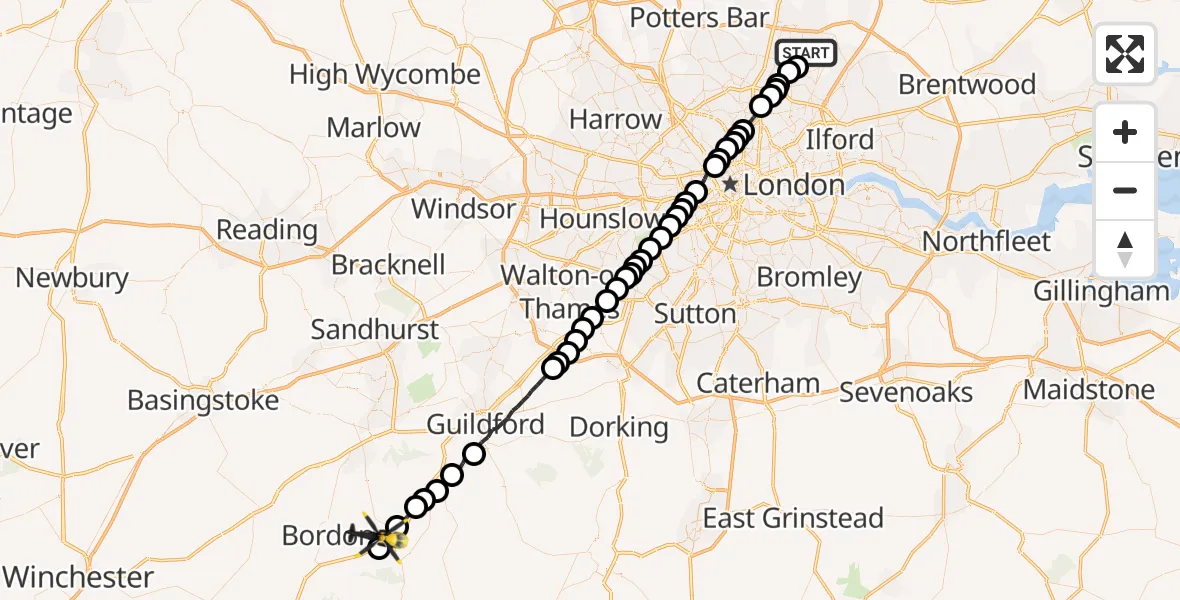 Flight route Police Helicopter Sewardstonebury - Grayshott, 07 July 2026, 18:34