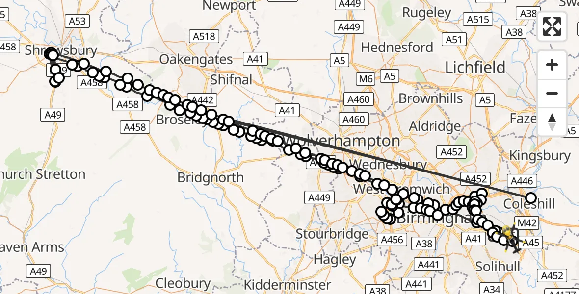 Flight route Police Helicopter Sheldon - Birmingham Airport, 07 July 2026, 18:36