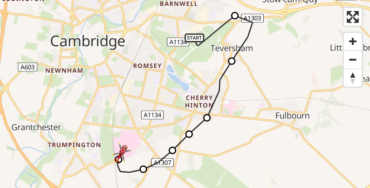 Flight route Air Ambulance Helicopter Cambridge City Airport - Papworth Hospital, 07 July 2026, 18:36
