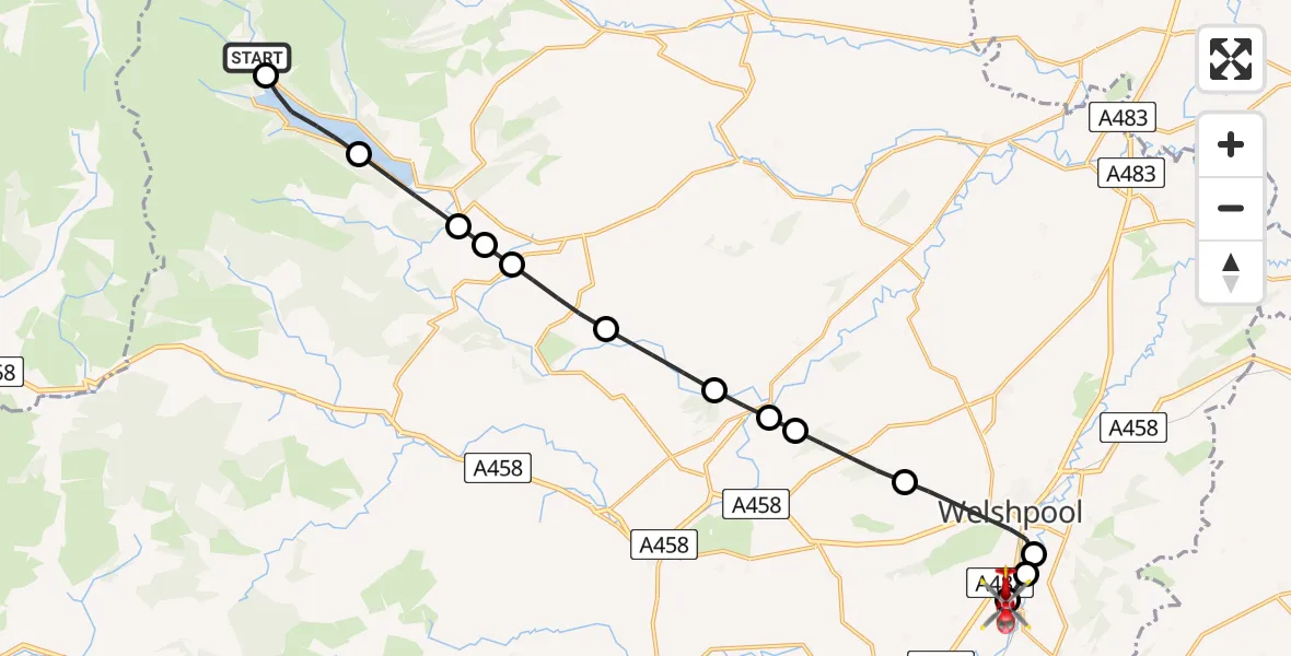 Flight route Air Ambulance Helicopter Llanwddyn - Welshpool Airport, 07 July 2026, 18:42