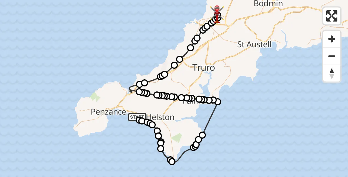 Flight route Air Ambulance Helicopter Praa Sands - Cornwall Airport Newquay, 07 July 2026, 18:44