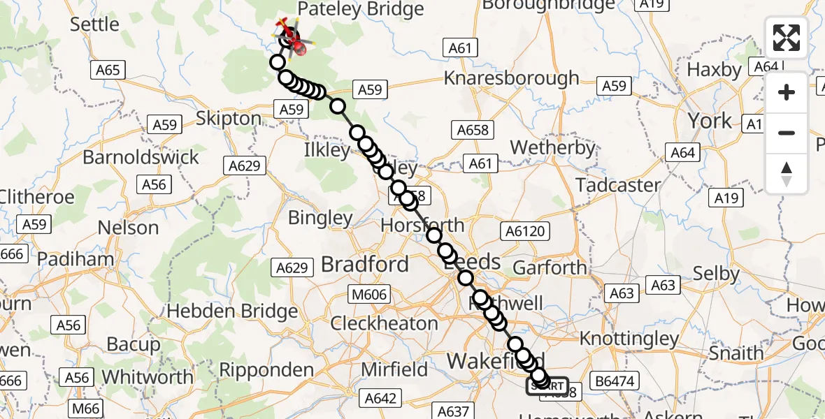 Flight route Air Ambulance Helicopter YAA Nostell Helicopter Port - Appletreewick, 07 July 2026, 18:55