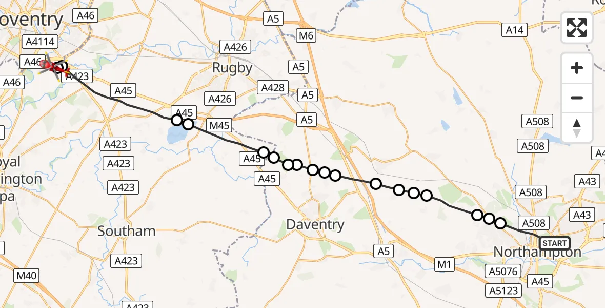 Flight route Air Ambulance Helicopter Northampton - Coventry Airport, 07 July 2026, 18:58
