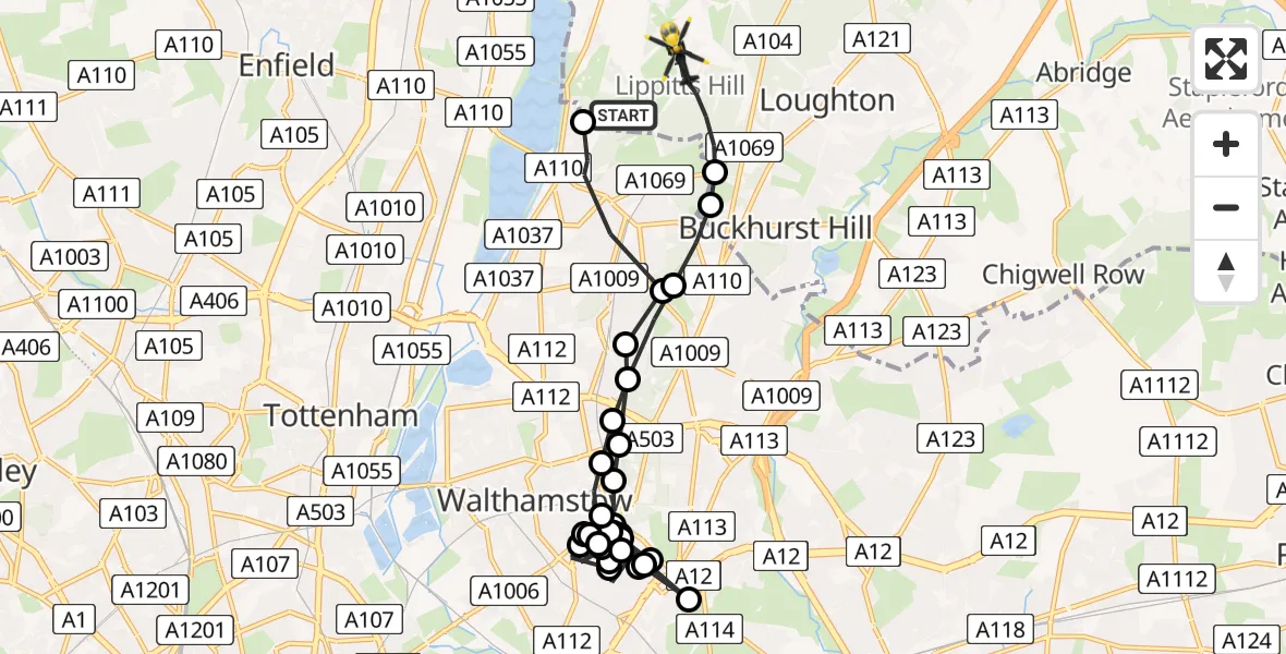 Flight route Police Helicopter Chingford - Metropolitan Police Air Support Unit Lippitts Hill, 07 July 2026, 19:07
