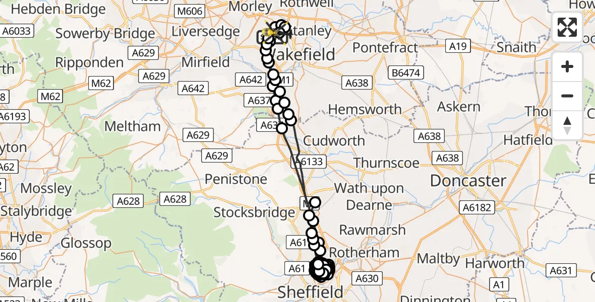 Flight route Police Helicopter East Ardsley - East Ardsley, 07 July 2026, 19:07