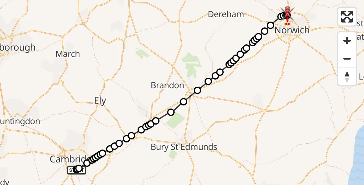 Flight route Air Ambulance Helicopter Papworth Hospital - Norwich Airport, 07 July 2026, 19:09