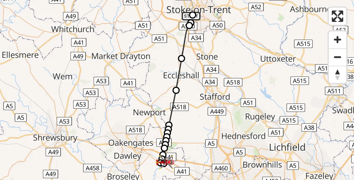 Flight route Air Ambulance Helicopter University Hospital North Staffs - Cosford, 07 July 2026, 19:11