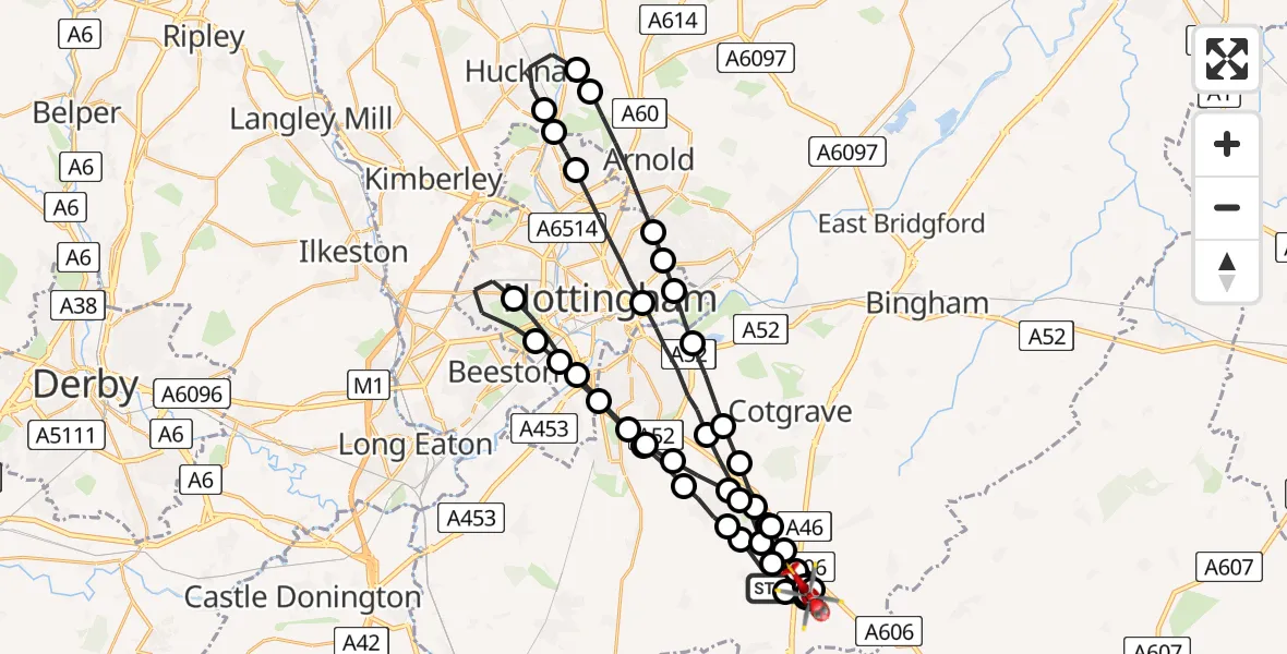 Flight route Air Ambulance Helicopter Widmerpool - Hickling, 07 July 2026, 19:23