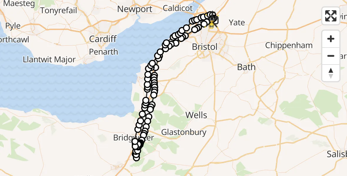Flight route Police Helicopter Almondsbury - Almondsbury Helicopter Base, 07 July 2026, 19:36