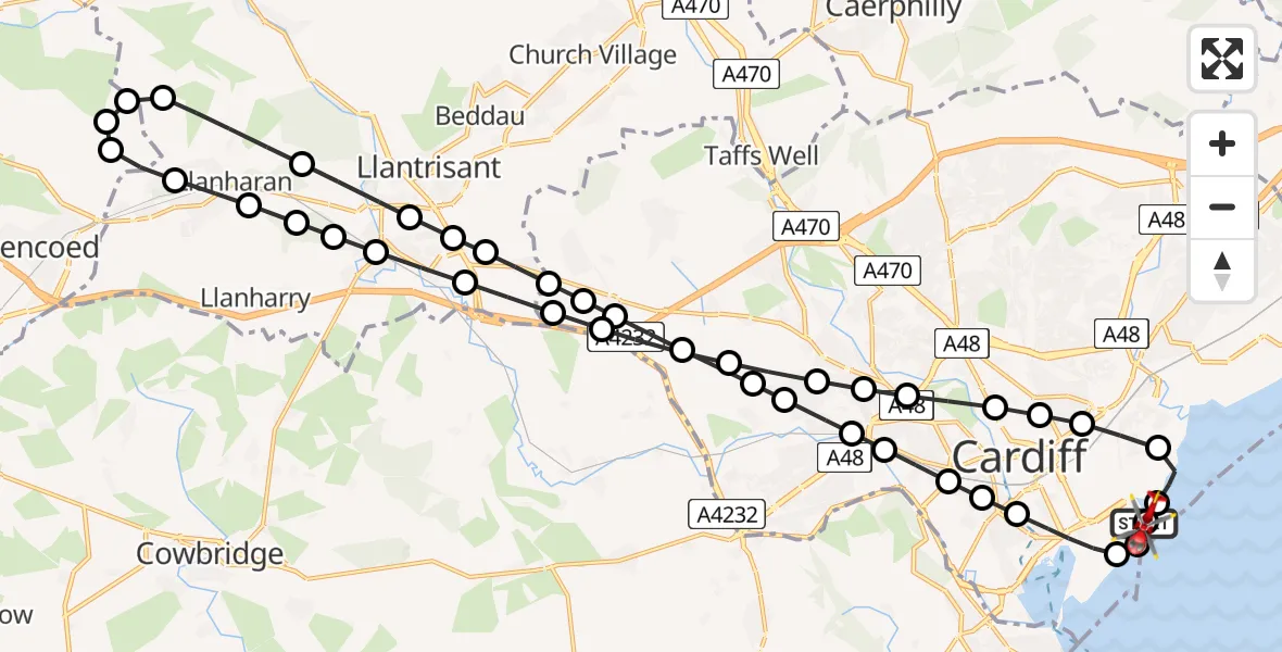 Flight route Air Ambulance Helicopter Cardiff Heliport - Cardiff Heliport, 07 July 2026, 19:51