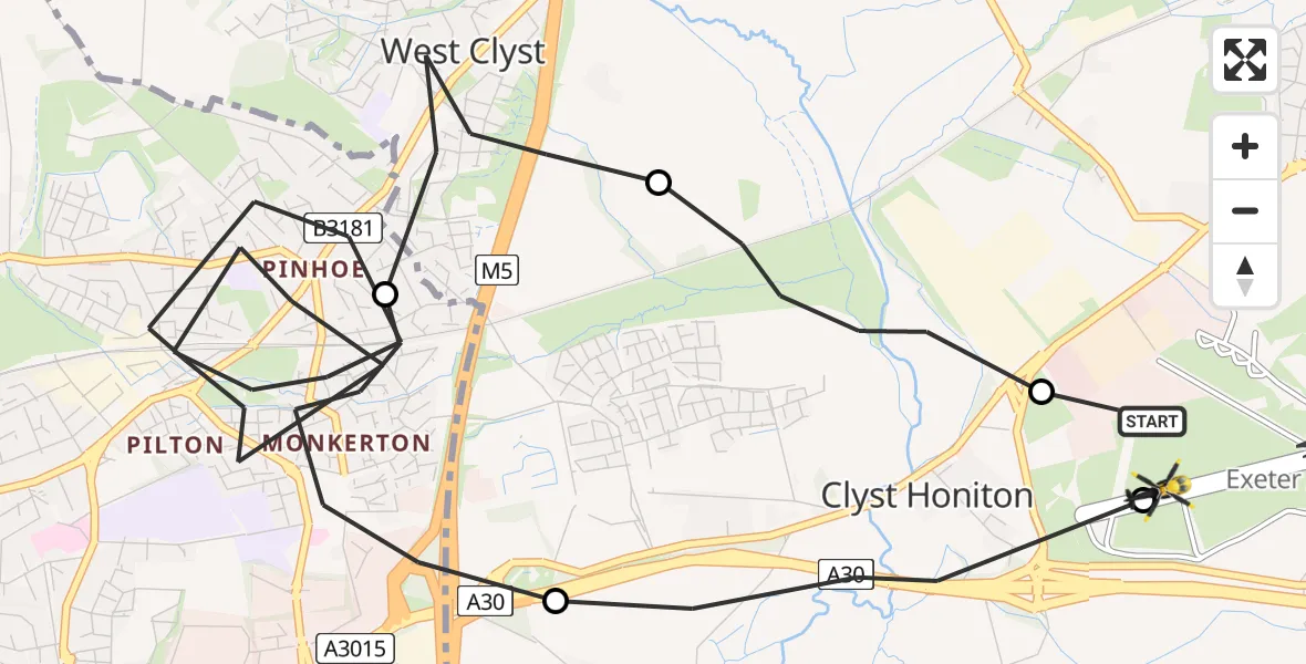Flight route Police Helicopter Exeter International Airport - Exeter International Airport, 07 July 2026, 19:51