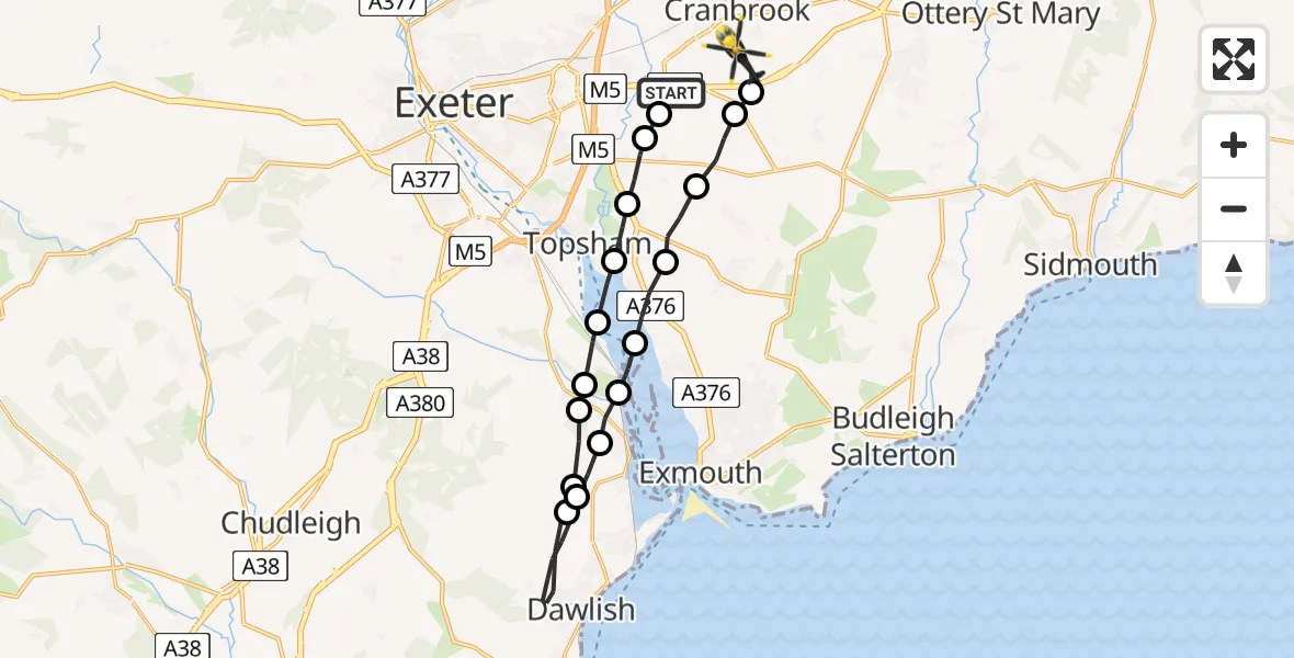 Flight route Police Helicopter Exeter International Airport - Rockbeare, 07 July 2026, 20:06