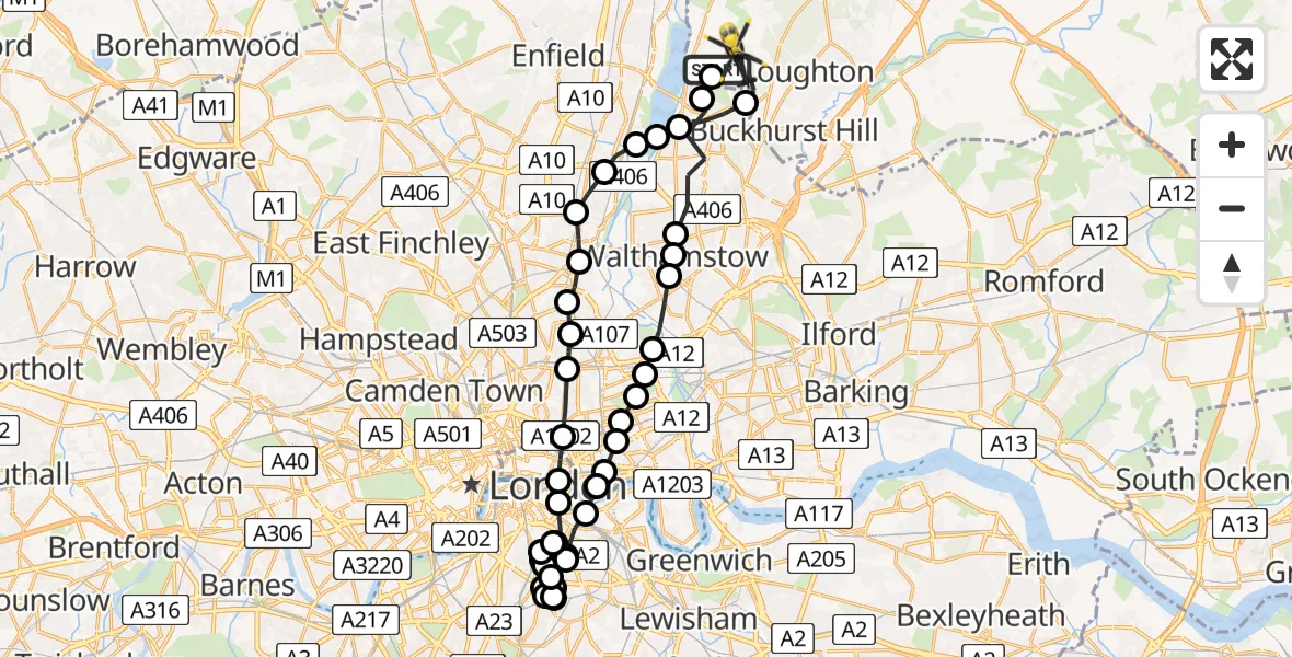 Flight route Police Helicopter Chingford - Sewardstonebury, 07 July 2026, 20:13