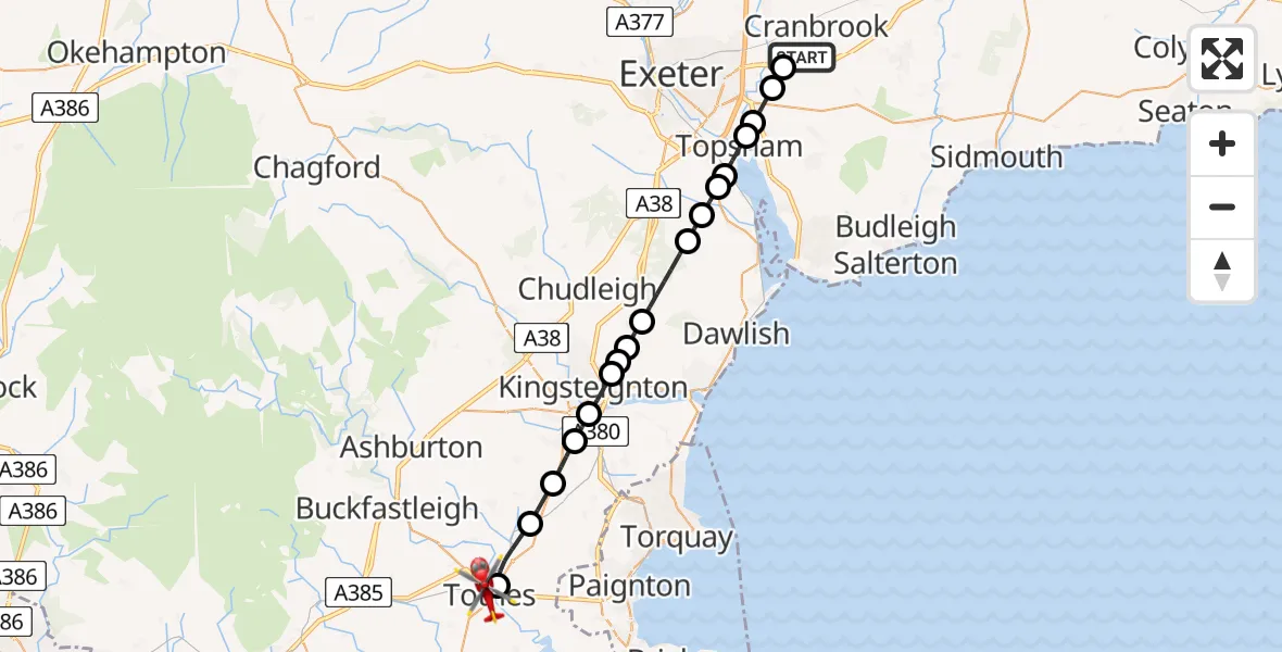 Flight route Air Ambulance Helicopter Exeter International Airport - Totnes, 07 July 2026, 20:24