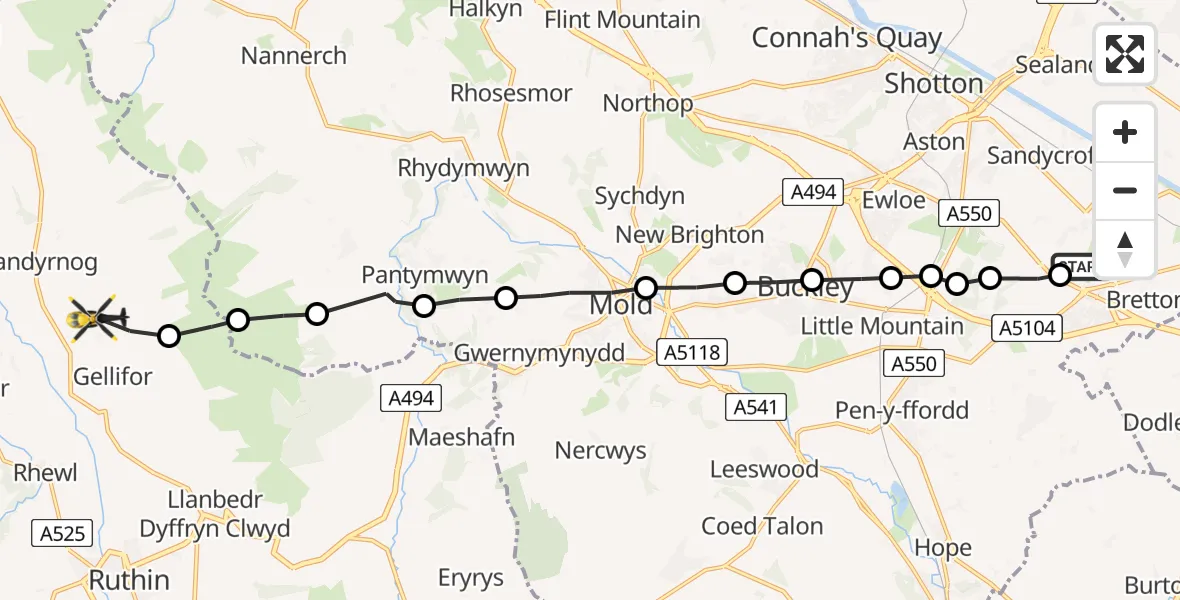 Flight route Police Helicopter Hawarden Airport - Gellifor, 07 July 2026, 20:24