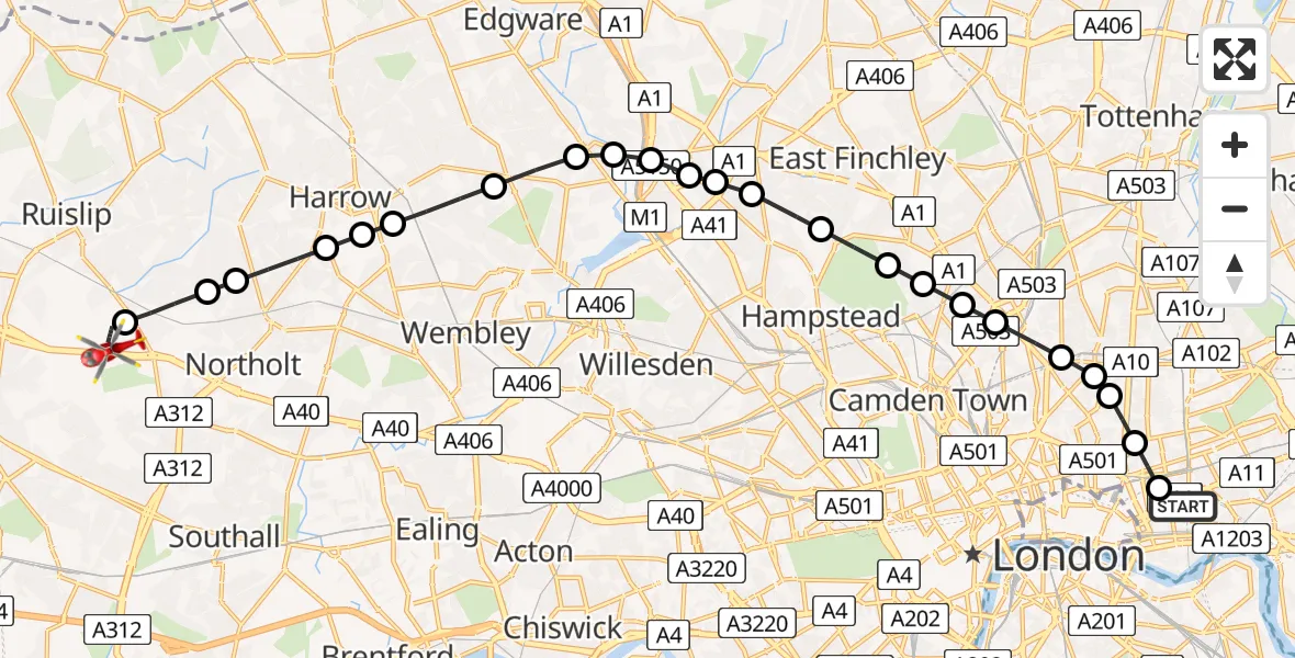 Flight route Air Ambulance Helicopter Royal London Hospital - RAF Northolt, 07 July 2026, 20:28
