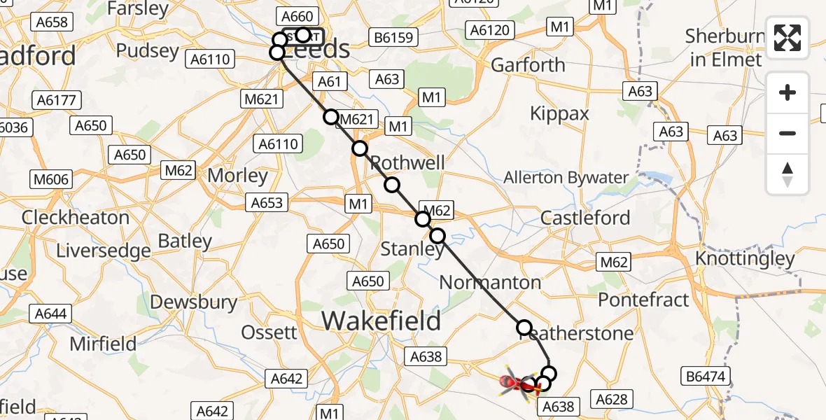 Flight route Air Ambulance Helicopter Woodhouse - YAA Nostell Helicopter Port, 07 July 2026, 20:34
