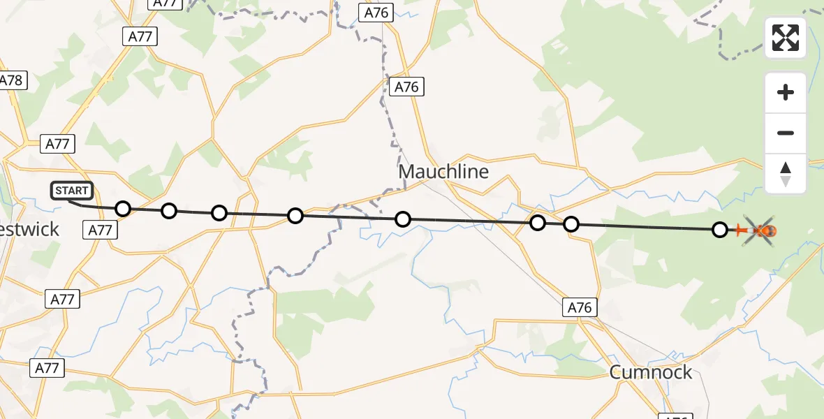 Flight route Coastguard Helicopter Glasgow Prestwick Airport - Cumnock, 07 July 2026, 20:36