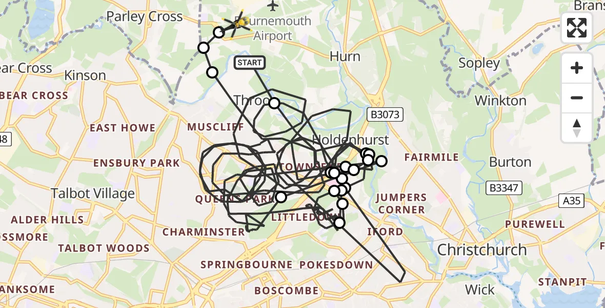 Flight route Police Helicopter Bournemouth Airport - Bournemouth Airport, 07 July 2026, 20:48