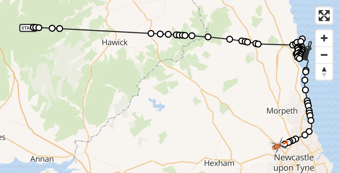 Flight route Coastguard Helicopter Megget Stane - Newcastle International Airport, 07 July 2026, 20:57