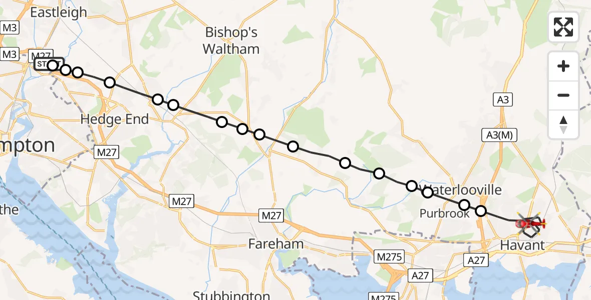 Flight route Air Ambulance Helicopter Southampton Airport - Havant, 07 July 2026, 21:08