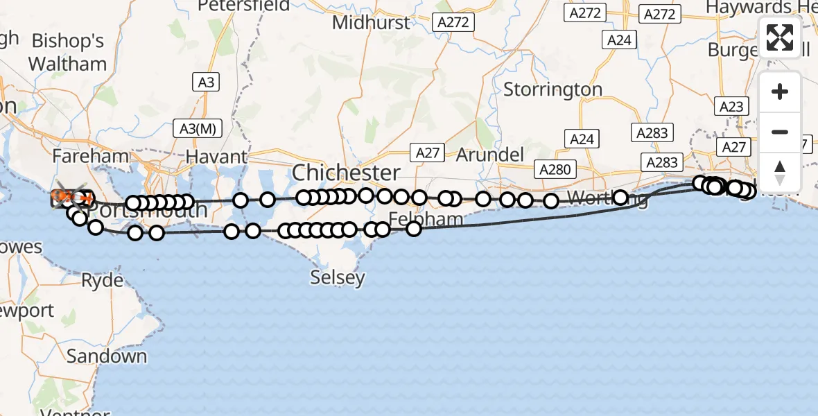 Flight route Coastguard Helicopter Solent Airport - Solent Airport, 07 July 2026, 21:09