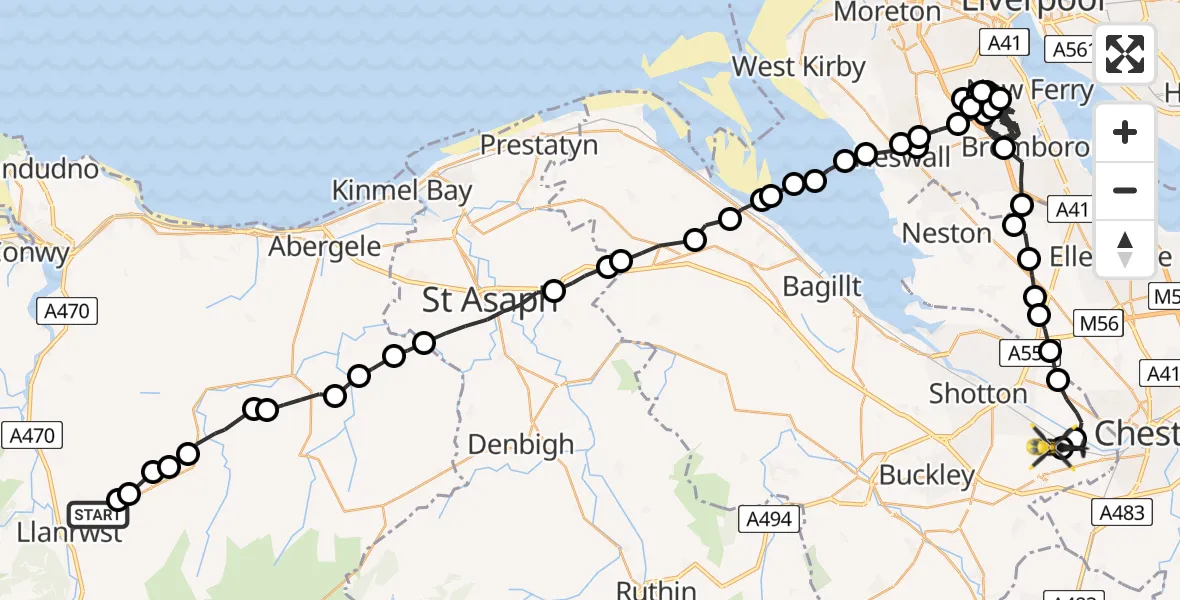 Flight route Police Helicopter Llanrwst - Hawarden Airport, 07 July 2026, 21:14