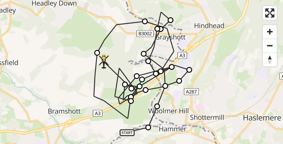 Flight route Police Helicopter East Hampshire - Bramshott, 07 July 2026, 21:29