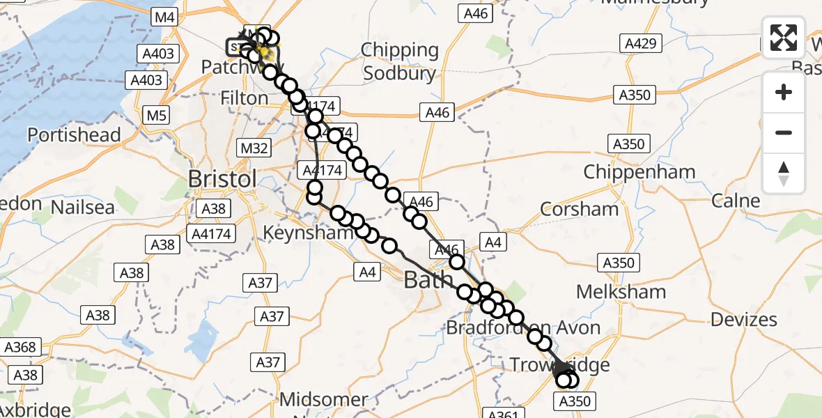 Flight route Police Helicopter Almondsbury - Almondsbury Helicopter Base, 07 July 2026, 21:32