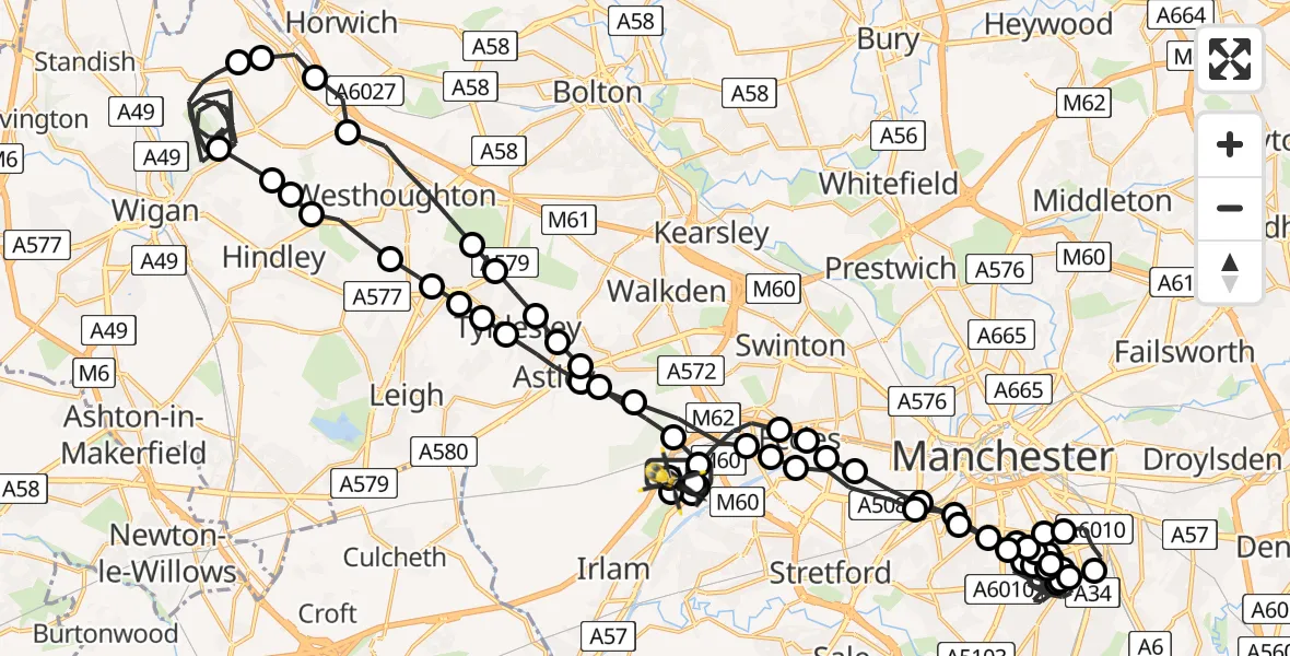 Flight route Police Helicopter Manchester Barton Aerodrome - Manchester Barton Aerodrome, 07 July 2026, 21:34