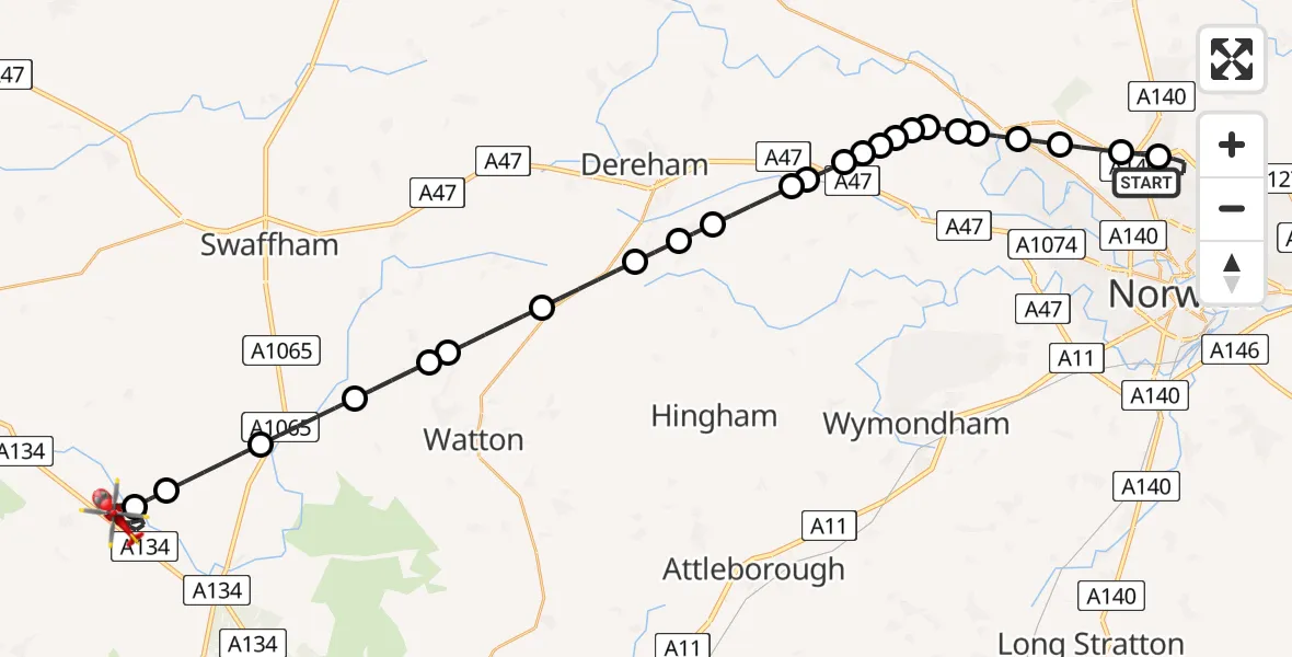 Flight route Air Ambulance Helicopter Norwich Airport - Northwold, 07 July 2026, 21:47