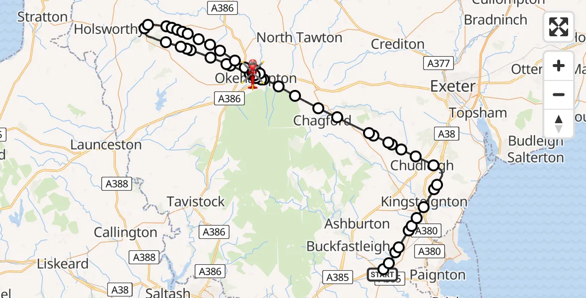 Flight route Air Ambulance Helicopter Totnes - West Devon, 07 July 2026, 21:48