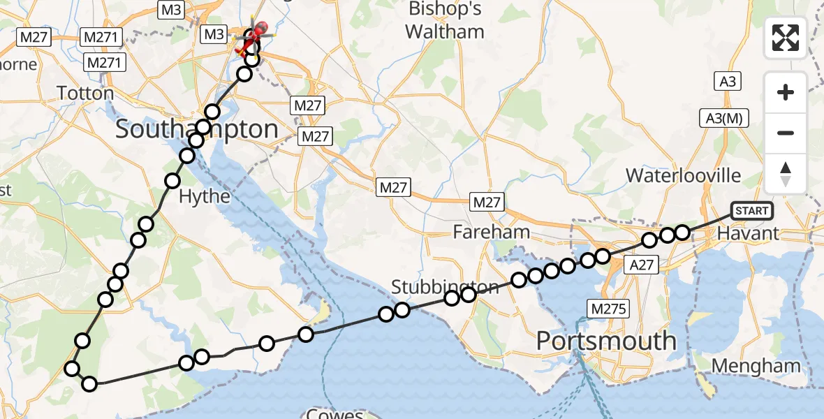 Flight route Air Ambulance Helicopter Havant - Southampton Airport, 07 July 2026, 21:48