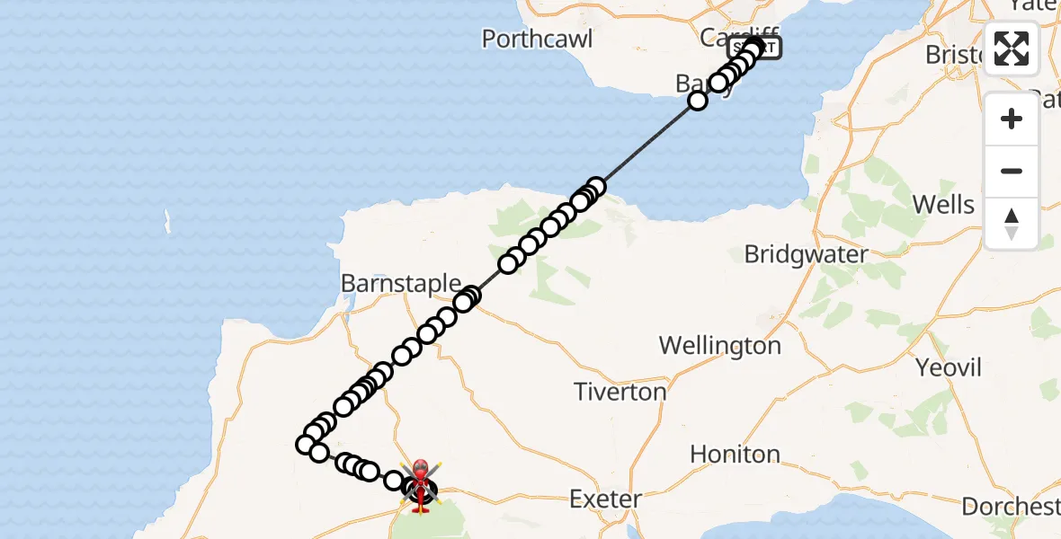 Flight route Air Ambulance Helicopter Cardiff Heliport - West Devon, 07 July 2026, 22:12