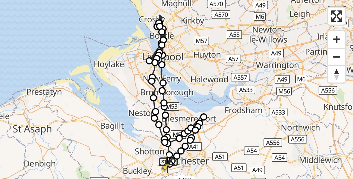 Flight route Police Helicopter Hawarden Airport - Hawarden Airport, 07 July 2026, 22:28