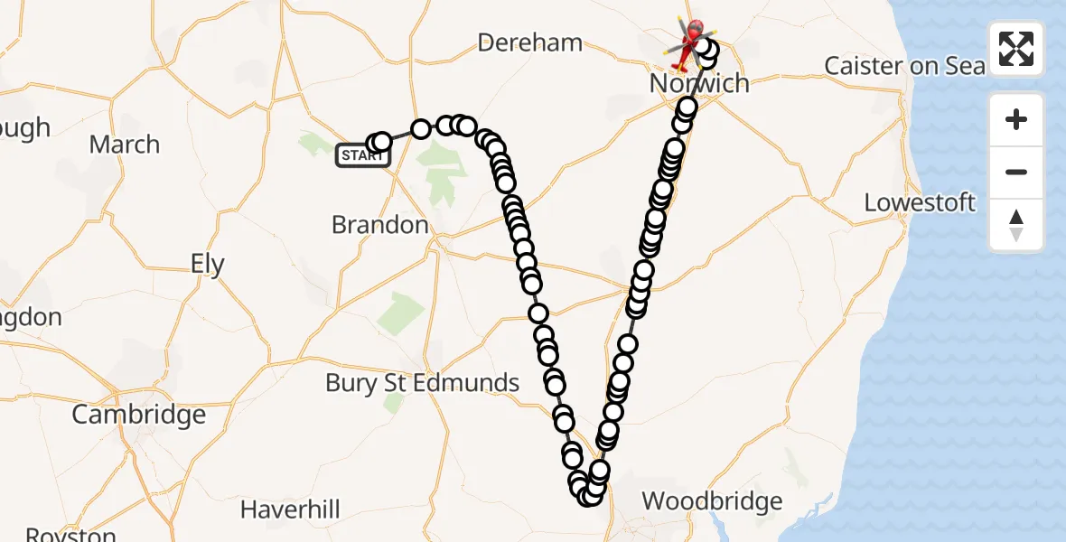 Flight route Air Ambulance Helicopter Northwold - Norwich Airport, 07 July 2026, 22:30
