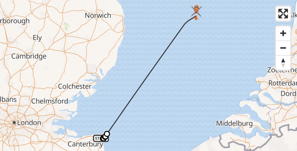 Flight route Coastguard Helicopter Manston Airport - North Sea, 07 July 2026, 22:57