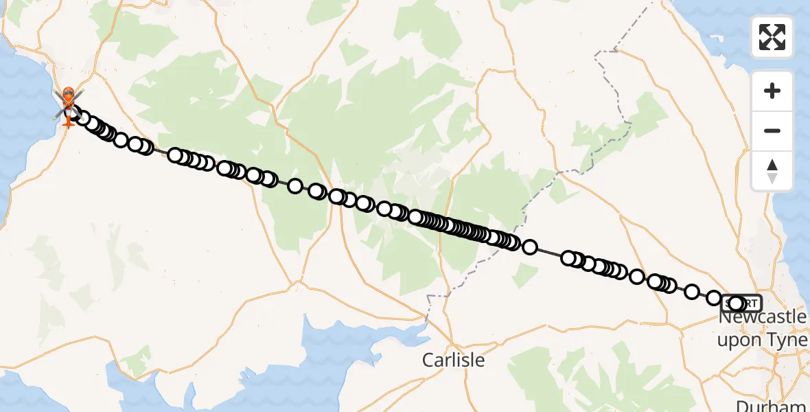 Flight route Coastguard Helicopter Newcastle International Airport - Glasgow Prestwick Airport, 07 July 2026, 23:58