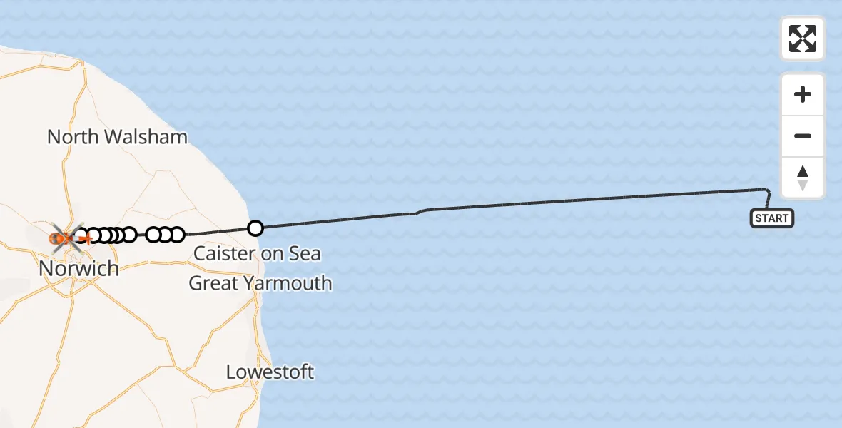 Flight route Coastguard Helicopter North Sea - Norwich Airport, 08 July 2026, 00:13