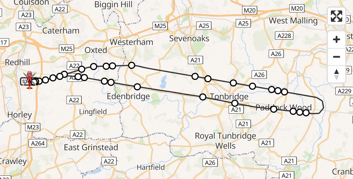 Flight route Air Ambulance Helicopter Redhill Aerodrome - Redhill Aerodrome, 08 July 2026, 00:16