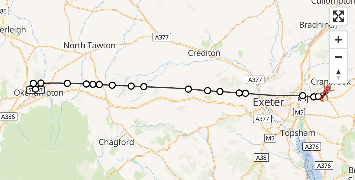 Flight route Air Ambulance Helicopter Okehampton - Exeter International Airport, 08 July 2026, 00:37