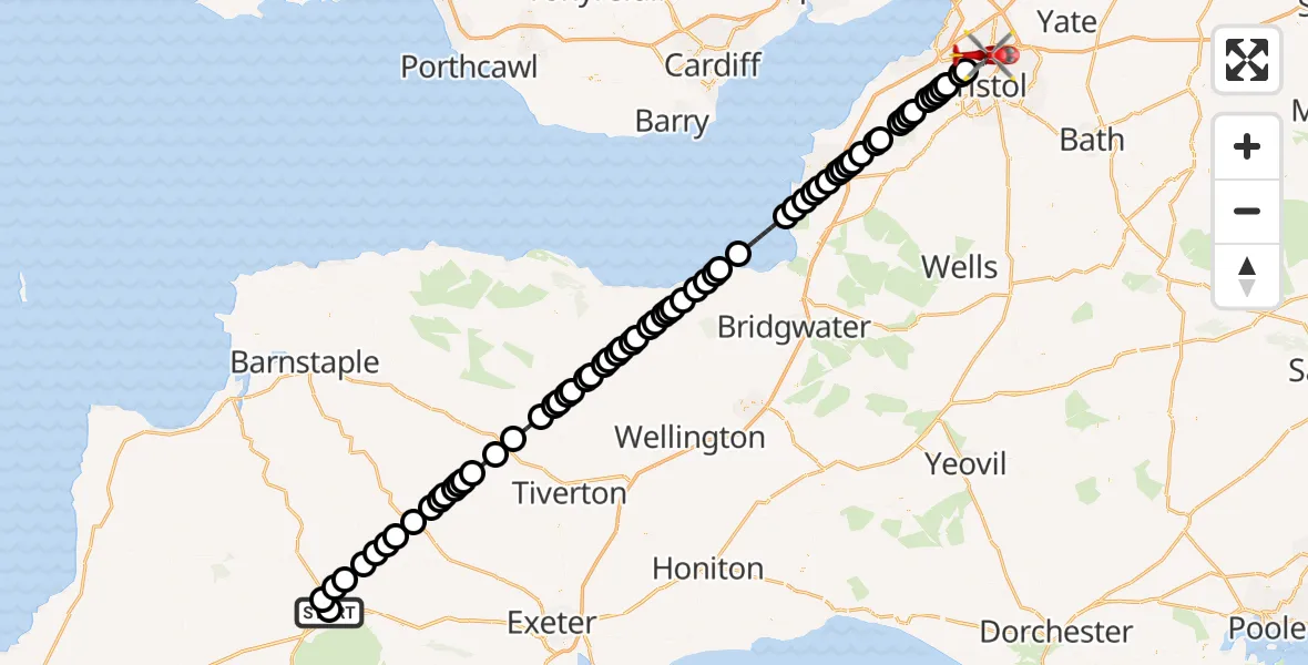 Flight route Air Ambulance Helicopter Okehampton - Bristol, 08 July 2026, 00:45