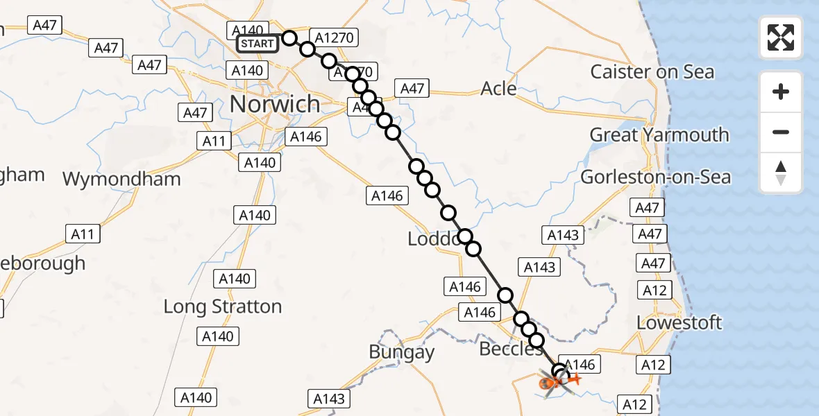 Flight route Coastguard Helicopter Norwich Airport - Beccles Airfield, 08 July 2026, 00:59