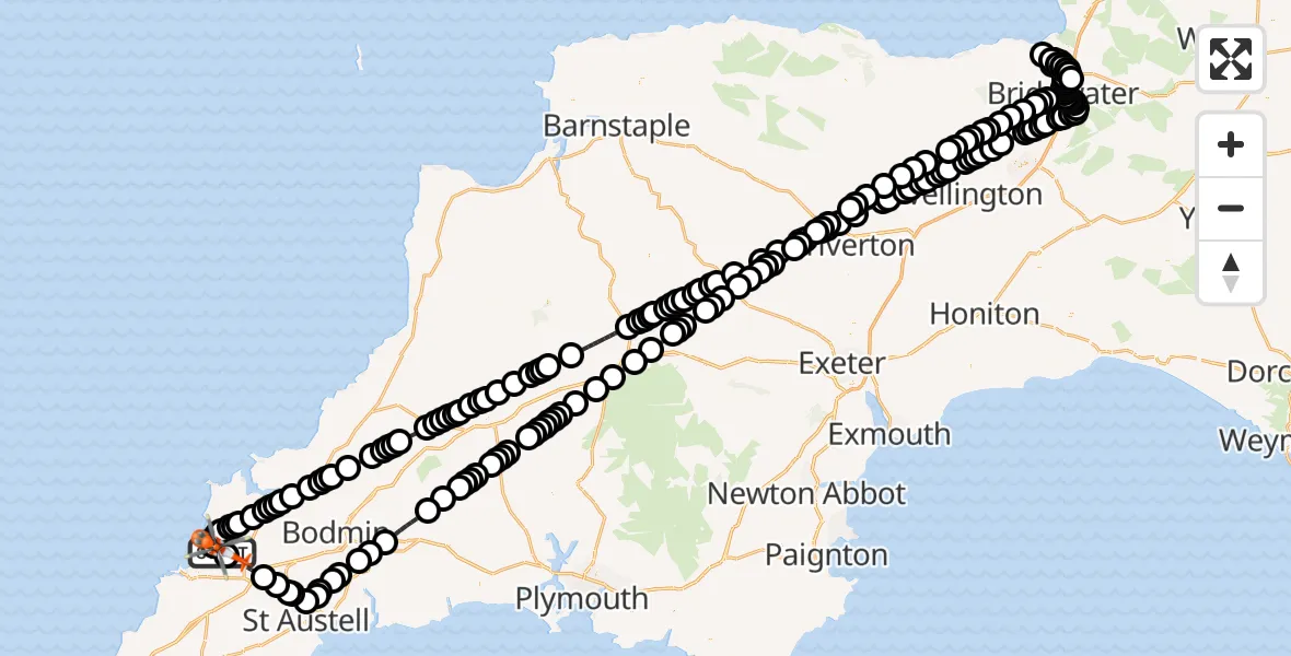 Flight route Coastguard Helicopter Cornwall Airport Newquay - Cornwall Airport Newquay, 08 July 2026, 01:17