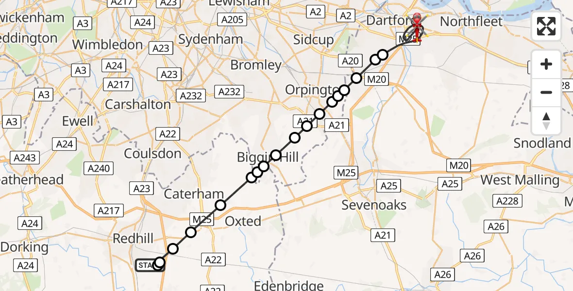 Flight route Air Ambulance Helicopter Redhill Aerodrome - Dartford, 08 July 2026, 01:47