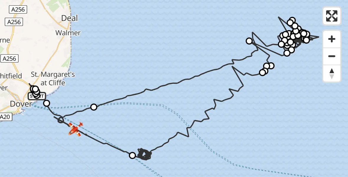 Flight route Coastguard Drone Langdon Battery Heliport - English Channel, 08 July 2026, 01:52