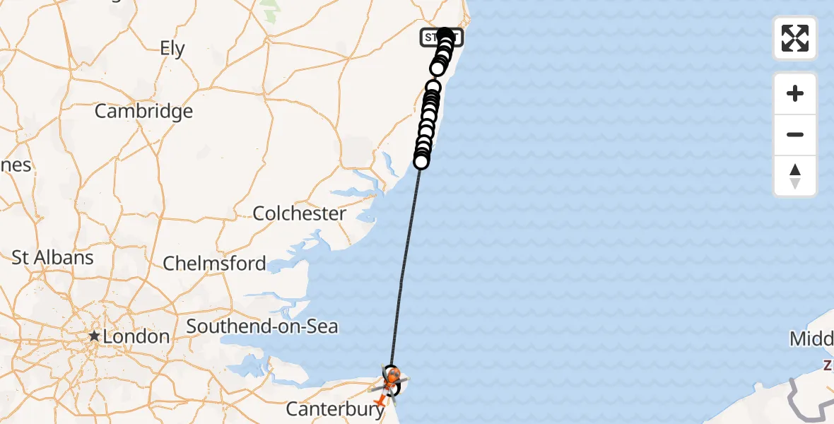 Flight route Coastguard Helicopter Beccles Airfield - Manston Airport, 08 July 2026, 02:01