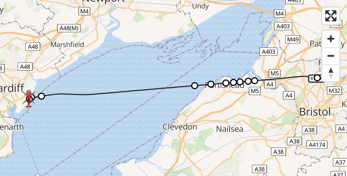 Flight route Air Ambulance Helicopter Southmead Hospital - Cardiff Heliport, 08 July 2026, 02:29