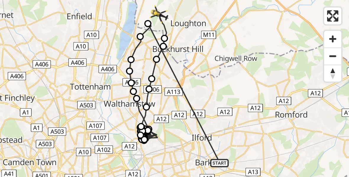 Flight route Police Helicopter Thames View - Metropolitan Police Air Support Unit Lippitts Hill, 08 July 2026, 03:20