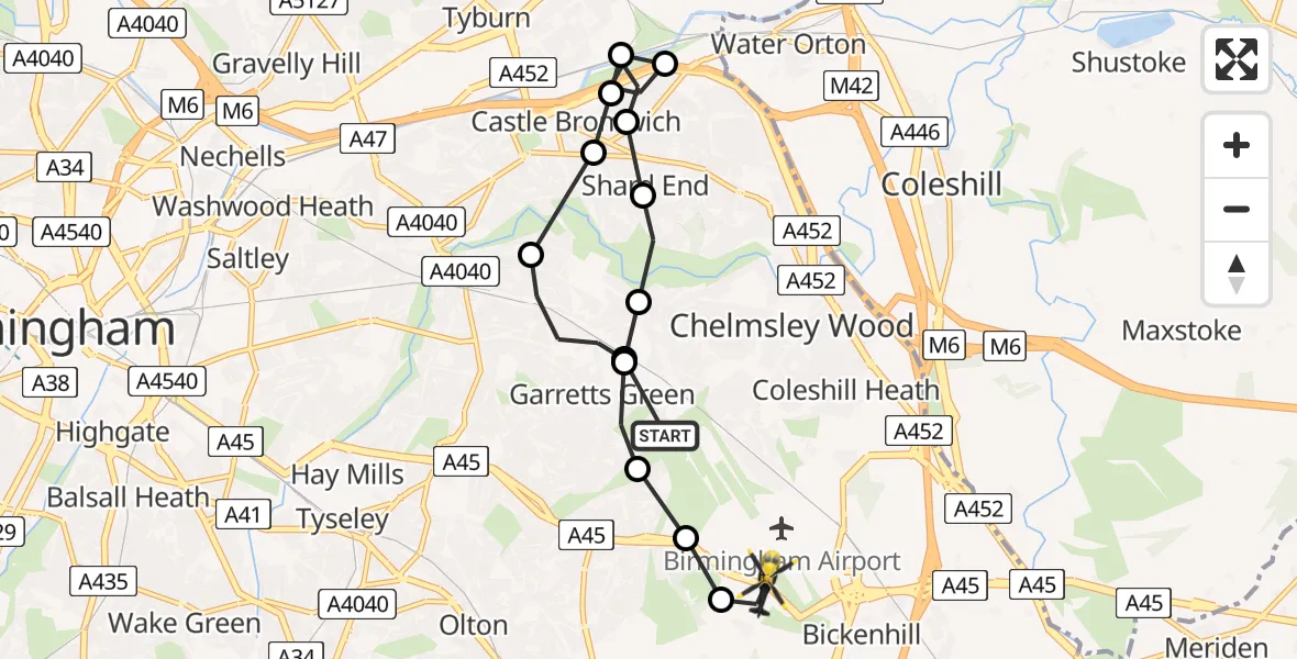 Flight route Police Helicopter Birmingham Airport - Solihull, 08 July 2026, 04:04